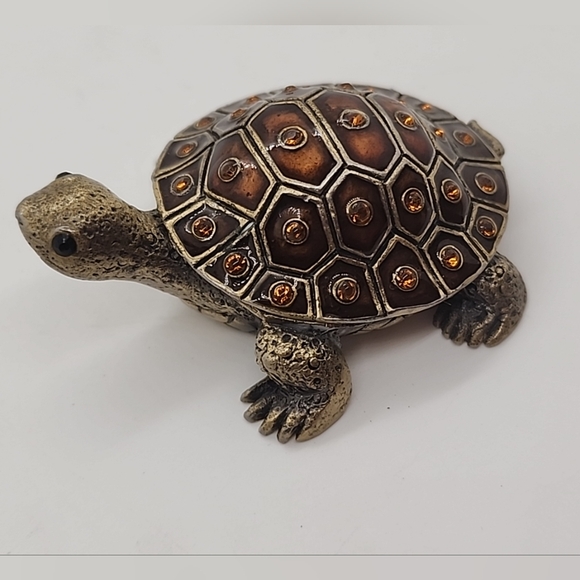 Turtle Enamel Topaz Rhinestone Brass Hinged Pill Trinket Box Vintage Tortoise - Picture 3 of 13